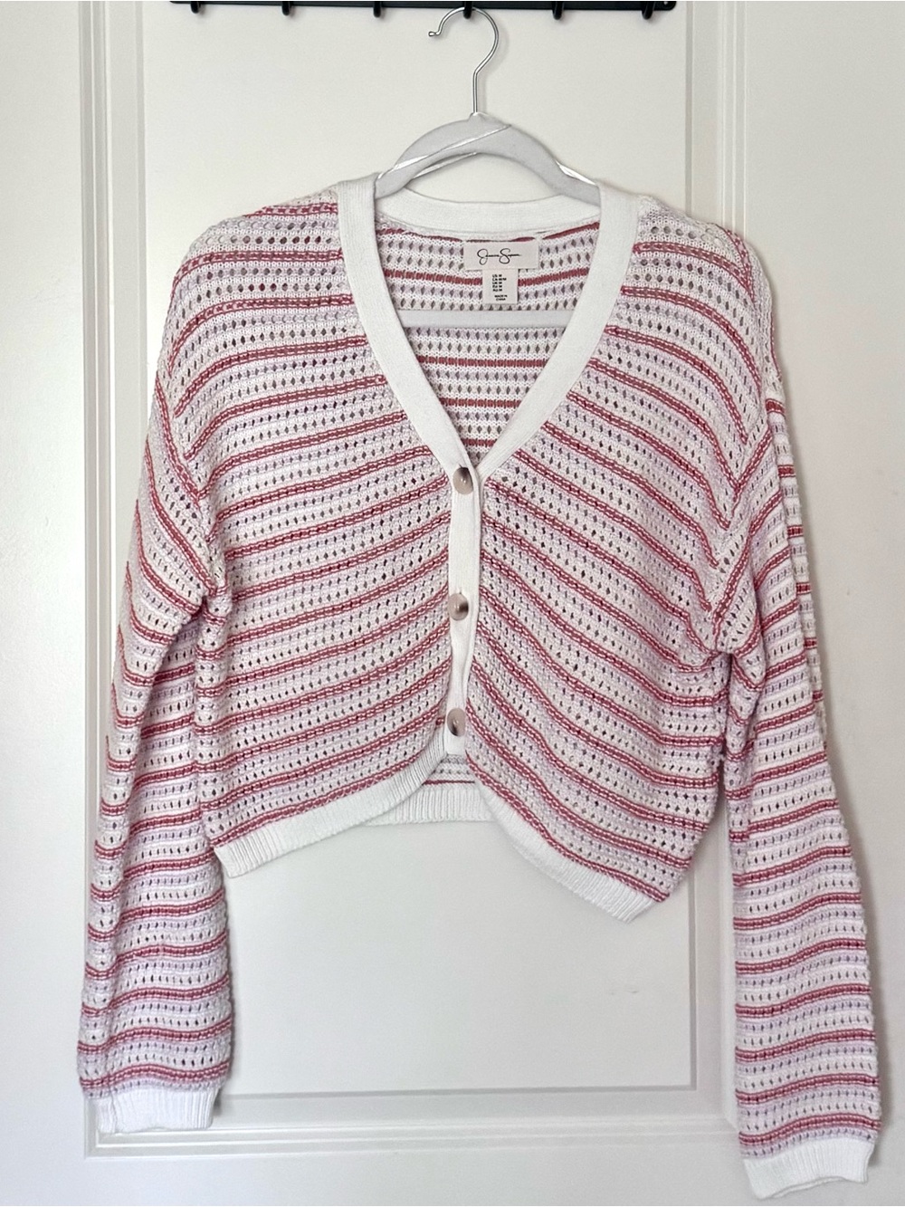 Jessica Simpson White and Pink Striped Cropped Cardigan